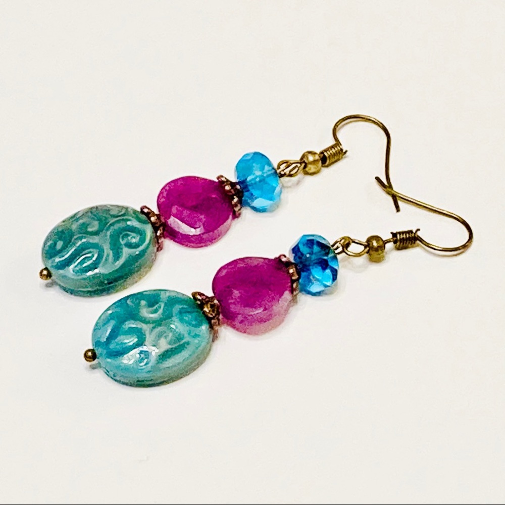 Azure Crystal Purple Lepidolite Stone & Teal Green Czech Glass Relief Earrings - Picture 3 of 7